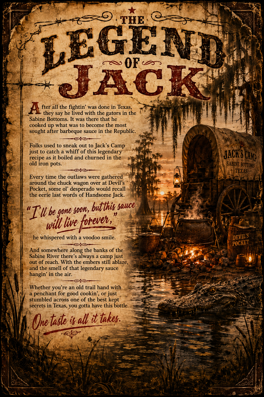 The Legend of Jack story surrounded by Jack’s camp, a chuck wagon, cooking kettles, campfire, Sabine River swamp, and an alligator
